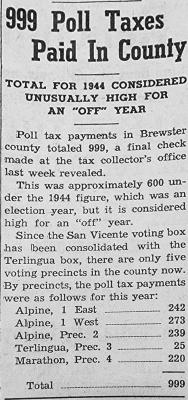 Feb. 23,1945 County poll taxes came in unusually high for 1944. The tax collector’s offi ce received $999, which was approximately $600 less than the previous year. Being an “off” election year, this year’s total was considered a high amount.