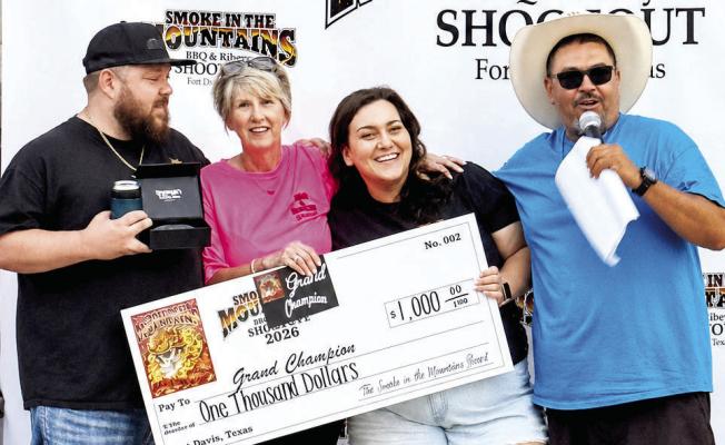 The Grand Champions at this year’s Smoke in the Mountains BBQ and Ribeye Shootout are pictured here with event coordinators as they’re presented with their check and belt buckle as part of their win. From left are Sam De-Merritt, Jennifer Webster, Briana Correa, and Jeremiah Rubio. Courtesy photos