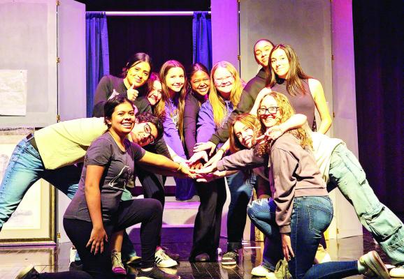 Members of the cast of the One Act Play pose in one of their warm-up exercises prior to practice. Pictured are Izabel Ortiz, Raul Renteria, Ayleen Adame-Ramirez, Kalavati Caulfield, Zoe Arredondo, Naylana Smith, Andrea Johnson, Alyssa Mitchell, Alyssa Barron, LauraLai Bates, and Taryn Klockman. Photo by Kara Gerbert