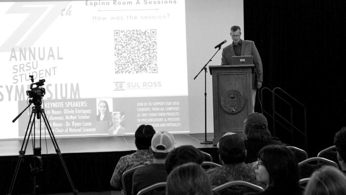 Dr. Ryan Luna was one of the keynote speakers for the seventh annual Sul Ross student research symposium last week. Luna is the department chair of natural sciences and the Kelly R. Thompson professor in quail research with Borderlands Research Institute. Luna’s primary research pertains to upland game bird ecology and management, primarily focusing on the Gambel’s quail, Montezuma quail, and the Scaled quail for which he gave a brief presentation for attendees of the event. Photo by Joh Covington.