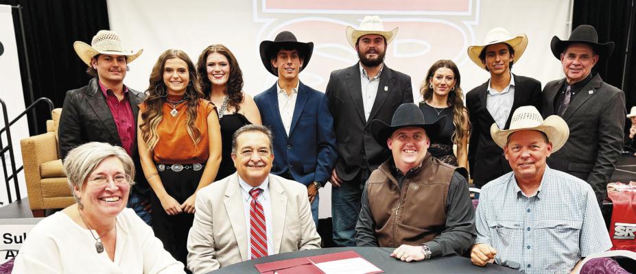 Members of the Sul Ross Rodeo Team (standing) are pictured with their coach, C.J. Aragon, along with (seated) Dean of Agriculture, Life, and Physical Sciences Dr. Bonnie Warnock, Sul Ross President Dr. Carlos Hernandez, ANRS Exes President Phillip Carey and ANRS Exes treasurer, Rush Carter. Photo courtesy of Sul Ross State University