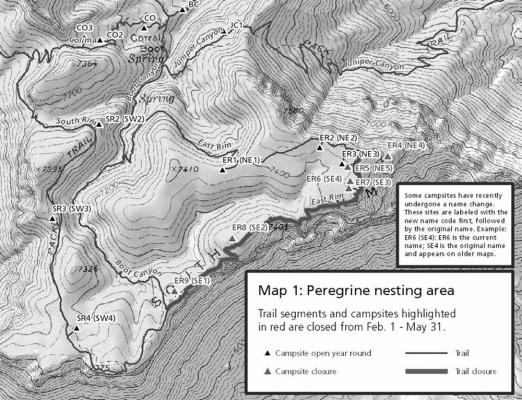 This is a map of the trails that will be closed to protect Peregrine falcon nesting sites. Image courtesy of NPS