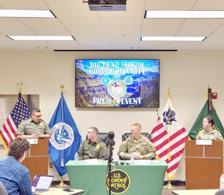U.S. Border Patrol Special Operations Supervisor Ricardo Barragan, Chief Patrol Agent Lloyd Easterling, Executive Commander Major Jared Steffani, and Chief of Public Affairs Lt. Colonel Sarah Ray held a press briefing on Friday at the Big Bend Sector’s Alpine office, highlighting the partnership between the U.S. Border Patrol and the Department of Defense to secure our southern border. Photo by Kara Gerbert