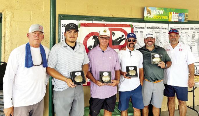 ANRS and Rodeo Exes board members Rush Carter (far left) and Aaron Cruz (far right) presented the buckles to the championship 4-person scramble team of Diego Calderon,AlonsoAdame, JeffreyAlvarado, and Billy Hinojosa. Photo courtesy of ANRS Exes