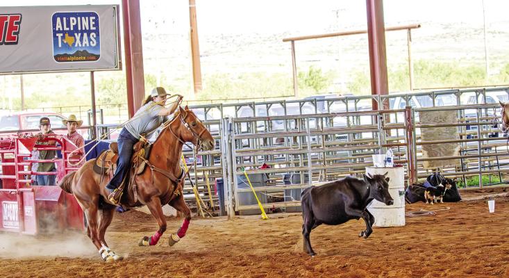 Sul Ross Rodeo’s Jordan Miller leaves the roping box after her breakaway calf during the team’s first official practice on Monday afternoon. Photo by Kara Gerbert