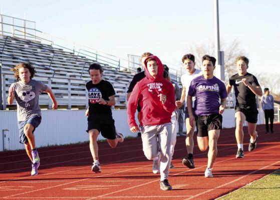 The Alpine Fightin’ Buck boys’ track team held their first practice recently in preparation for this season’s competitions. Their first track meet is scheduled for next Friday. Photo by Joh Covington