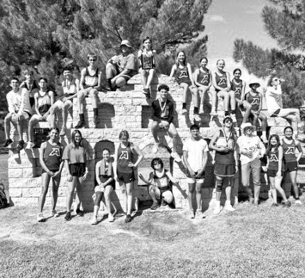 Alpine Runnin’ Bucks cross country team are front row: Danica Mulholland, Valeria Crespo, Tannin Ritchie, Madalyn Carter, Landon Velasco, Solanus Prieto, Ferris Daley, Coach Cason, Isla Velasco, and Alexa Renteria. Middle row is John Mendoza. Back row: Raul Renteria, Landyn Marta, Alan Navarrete, Aaron Miller, Martin Sablatura, Marco Salcido, Everett Edwards, Colette Fowlkes, Jaylynn Celaya, Molly Garrett, Elizabeth Marta, Megan Struthers, and Hatfield Cason. Courtesy photo
