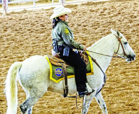 Alpine Border Patrol Agent Adriana Powell sits atop her favorite mount, “Agent Thunder,” during the Big Bend Sector’s first-ever Horse Patrol Unit graduation. Photo by Kara Gerbert