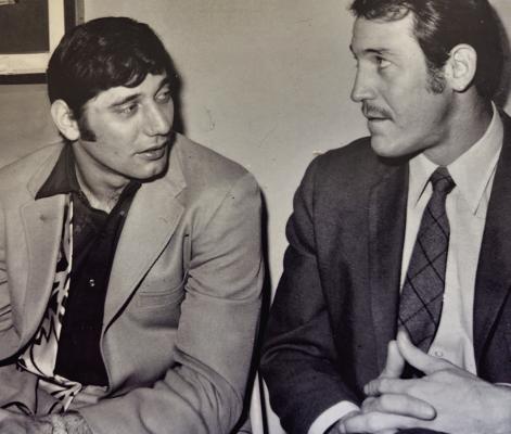 Alpine’s Bake Turner chats with Joe Namath (left) at New York’s La Guardia airport as they wait to board a plane to Miami for Super Bowl III against the Baltimore Colts. Photo courtesy of Bake Turner