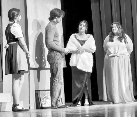 Alpine High School’s UIL OneAct Play presented their performance for members of theAlpine community last Thursday night. The play “Farewell to Galatea” will be performed at the UILcontest today in Stanton. Pictured are ZoeArredondo as “Thalia”, Jake Esparza as “Pyggy”,AyleenAdame Ramirez as “Mrs. Bedford”, and Kalaveti Caulfi eld as “Julia Sylvester”, Mrs. Bedford’s niece.