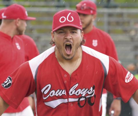 The Cowboys’ catcher Jake Sisto lets out a war cry during their game against the Roswell Invaders last week. Photo by Julie Myers