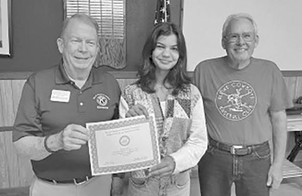 Kiwanis District Lt Governor Mark Crouch and Alpine Kiwanis Club President Ralph Gruebel recently presented Megan Struthers the Sophomore of the Year Award for District 22, Texas-Oklahoma Kiwanis. The scholarship is awarded through a competitive process and is redeemable upon college entrance. The purpose of the scholarship is to recognize not only an applicant’s academic achievements but also their leadership qualities. Courtesy photo