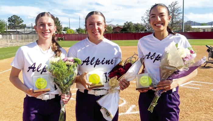 Despite having the game canceled by Tornillo, the Alpine Lady Buck Softball seniors were still honored on Friday night. Emily Sweat, Kody Hawkins, and Emy Hernandez will close out their last season as players for the Lady Bucks as they prepare for graduation and their college careers. Courtesy photo