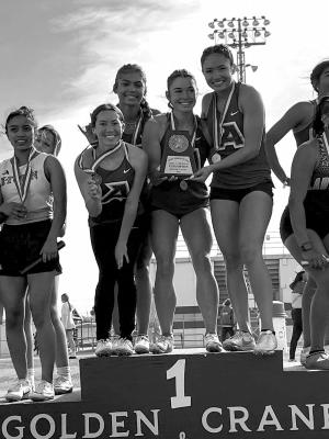 The Lady Buck 4x200 relay team of Mia Morris, Danica Mulholland, Valeria Crespo, and Novah Carrasco became District Champions last weekend, placing first in their event. The team advanced to the Area competition in Denver City being held today. Courtesy photo