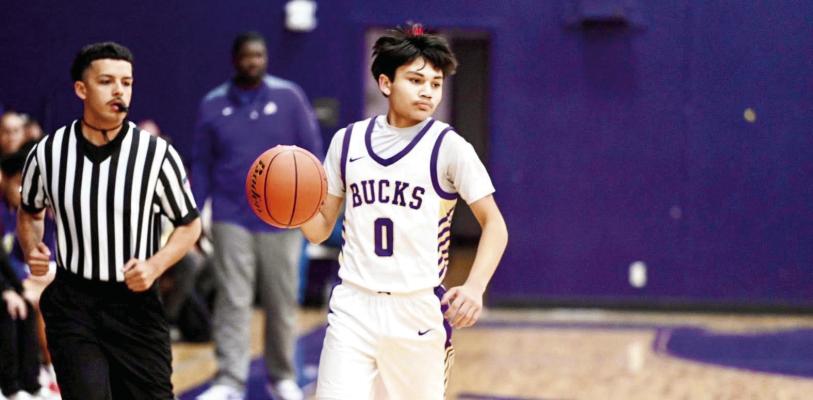Isaiah Jimenez searches for an open teammate during a recent home game as he powers down the court towards the paint. Photo by Felipe Fierro
