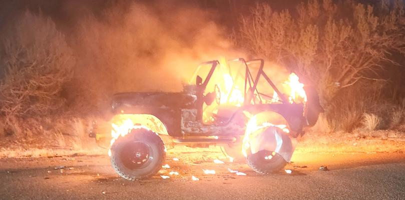 This jeep recently caught fire in Sunny Glen and was fully engulfed when AVFD responded to the call. A fire blanket was used on the tires to help prevent their explosion. Photo courtesy of AVFD