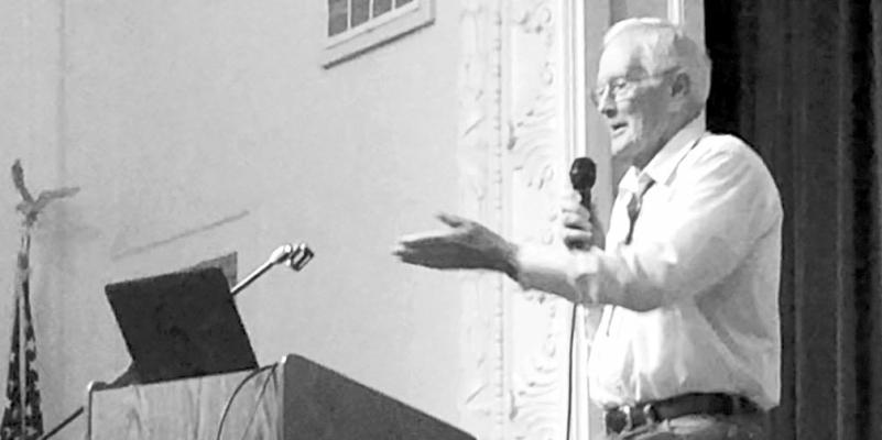 Former NASA astronaut and lunar pilot Charles M. Duke, Jr., speaks to a crowd at Fort Davis High School on Oct. 15. Fort Davis Baptist Church Pastor Paul Harst invited Duke, who is a personal friend and motivational speaker, to the event in Fort Davis. Duke landed on the moon in 1972 as part of the Apollo 16 lunar mission. Photo by Paul Harst