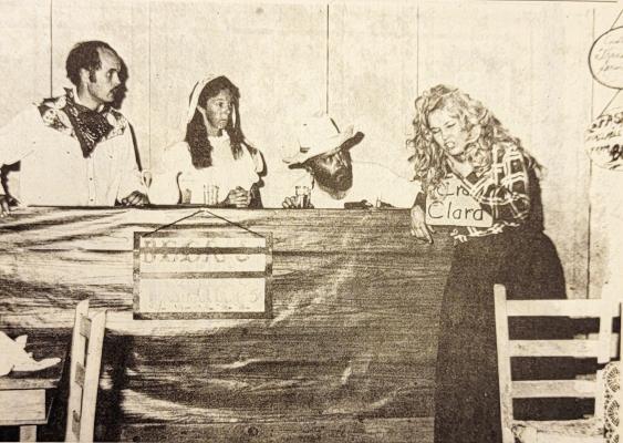 July 2, 1981 — Chris Little, Karren Morrow, Duncan Parrish, and Carol Hicks prepare for the opening of “A Golden Fleecing” during Fort Davis’s July 4th activities.