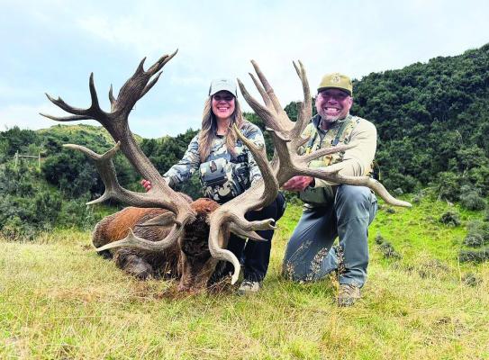 Sonia and Rene Ybarra with the red stag she harvested at Spey Creek Trophy Hunting on a recent trip to New Zealand. Photo by Rene Ybarra