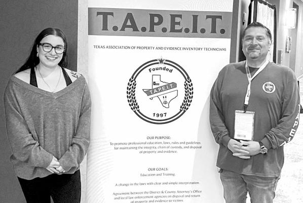 Lt. Kirk Caughman and Officer Karina Lagarreta recently attended the Texas Association of Property and Evidence Inventory technician training in San Marcos. Lt. Caughman earned an Advanced Evidence Technician designation while Officer Lagarreta earned her Intermediate Evidence Technician designation. Courtesy photo