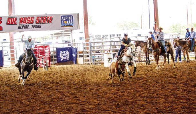 Annette Stahl and Pete Galvan leave the roping boxes last Friday morning during the 12-slide roping as part of the Sul Ross ANRS and Rodeo Exes weekend. Jeff Davis County Judge and Sul Ross alum Judge Curtis Evans was the arena judge. All proceeds from the events will go towards Rodeo and Ag scholarships, with a portion of the proceeds used to create the ANRS and Rodeo Exes Memorial Scholarship Fund, a Texas State University Endowment which will honor the Class of 1981’s Larry Byrum during its first year. 