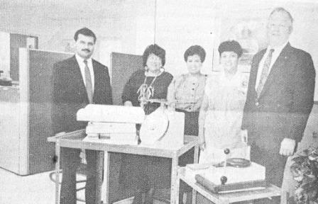 September 12, 1991 – Marilyn Chappell, Mary Olazaba, Jesse Saucedo, Luz Olga Prieto, and Richard Arnold are shown some of the items purchased by the hospital auxiliary for use at Big Bend Regional Medical Center.