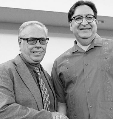 Dr. Jimmy Case and President Emeritus Pete P. Gallego at the faculty and staff appreciation luncheon in May. Courtesy photo