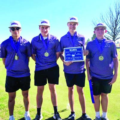 The Alpine Fightin’ Bucks JV golf team traveled to Marfa Monday to compete. The team overall shot a combined score of 452 and took first place in the tournament. The team included Thaddeus Prieto who also placed third and medaled with a 102, Colt Billings who shot 108, Tripp Warren who shot 122, and Wyatt Warren who shot 120. Courtesy photo