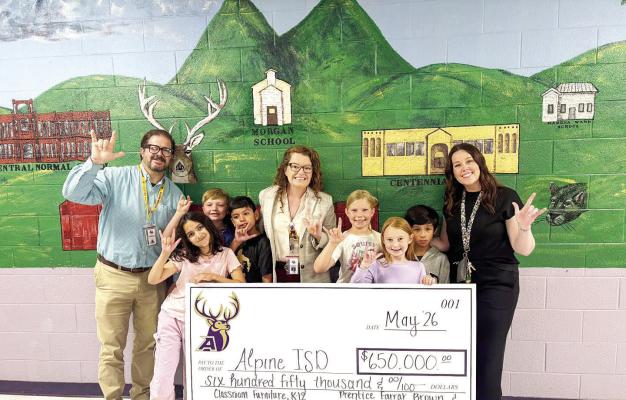 From left is Alpine Elementary assistant principal Dr. Bradley Carpenter, Olivia De La O, Harrison Holt, Ivan Zuniga, superintendent Dr. Michelle Rinehart, Megan Beard, Margeaux Burrus, Elijah Zate, and Alpine Elementary principal Kelli Davies. Courtesy photo