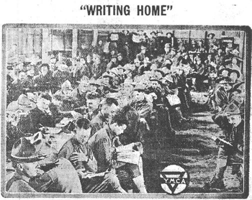 October 3, 1918 Free writing paper, envelopes, ink, and pens are furnished to soldiers by the Army Y.M.C.A. so that they may keep in touch with the folks back home.