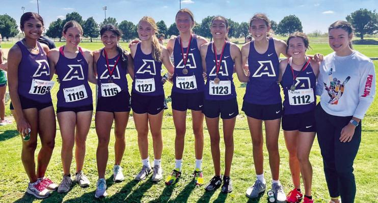 The Alpine Runnin’ Lady Bucks took second place overall at the Odessa Invitational cross-country meet last Thursday. The AHS cross-country team competes today for the District Championship in Presidio. Courtesy photo