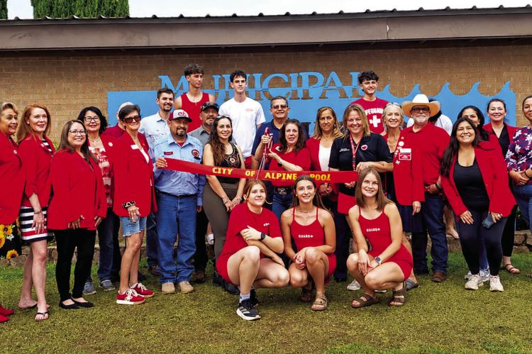 The City of Alpine held a ribbon-cutting ceremony for the newly remodeled municipal swimming pool. On hand with the Alpine Ambassadors were employees with the Parks and Recreation Department, Alpine City Mayor Catherine Eaves, and Alpine City Manager Henry Arredondo. Photo by Kara Gerbert