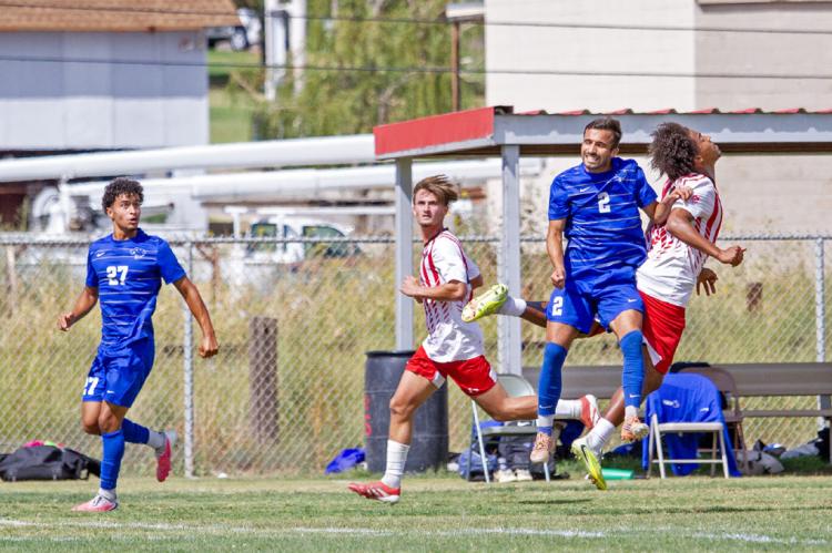 Sul Ross men’s soccer took on St. Mary’s on Saturday afternoon, falling 0-1 but leaving it all on the field. Pictured are Lobos Romain Bricier of Ahuille, France (left) and Dallas native Malachi Walker (right), who was attempting to move the ball with his head against the St. Mary’s player. Photo by Kara Gerbert