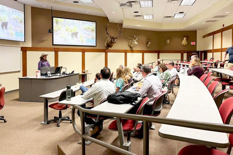 Graduate assistants from the Borderlands Research Institute presented research updates to members of the Texas Extension Specialist Association last week at the Range Animal Science Center. The graduate assistants covered a range of topics from livestock grazing, black bears, and mule deer populations, among others. Photo courtesy of BRI