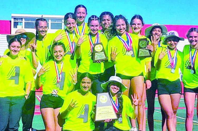 The Alpine Lady Buck track and field team ran away with the Area championship for the fourth year in a row. Pictured are the girls and their Coach, Cory Cason. Courtesy photo