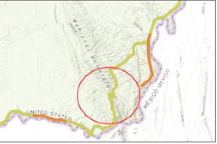 This photo of CBP’s Smart Wall Map was provided by Bob Krumenaker, Chairman of Keep Big Bend Wild and a retired Big Bend National Park superintendent. His addition of a red circle around the affected area of Mariscal Canyon, where plans are to blast a new road are pictured for context. Courtesy photo