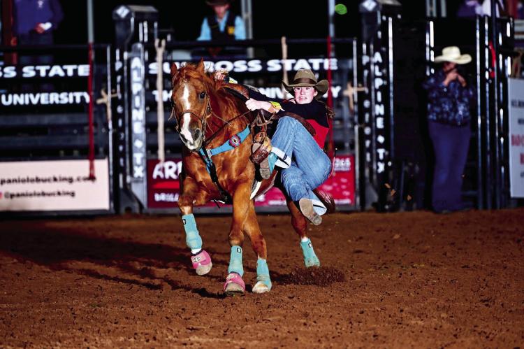 Canadian goat tyer Kasha Borsy during the Sul Ross NIRA Rodeo last season. Photo courtesy of SRSU Rodeo