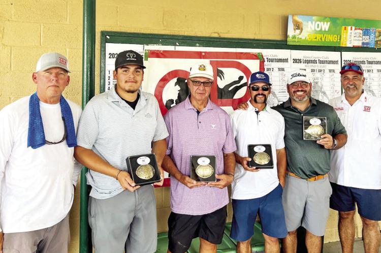 ANRS and Rodeo Exes board members Rush Carter (far left) and Aaron Cruz (far right) presented the buckles to the championship 4-person scramble team of Diego Calderon,AlonsoAdame, JeffreyAlvarado, and Billy Hinojosa. Photo courtesy of ANRS Exes