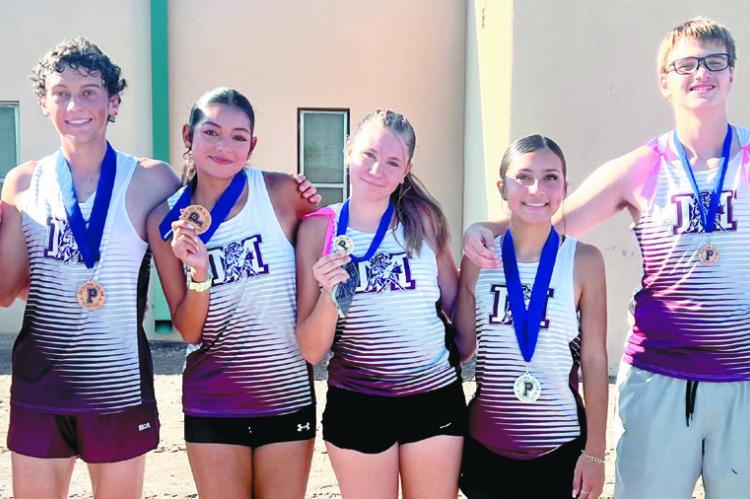 The Mustangs hit the trail in Presidio this past weekend with all the high school runners placing. The team is pictured with Marathon Superintendent Keith Kimbrough on the left and Coach Keana Cobos on the far right. Courtesy Photo