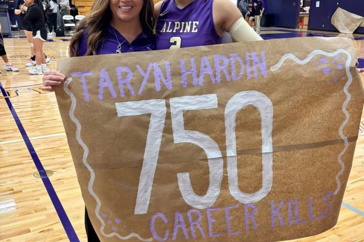 Recently, senior Taryn Hardin celebrated her milestone of 750 kills in volleyball with her Coach, Linda Morris prior to wrapping up district play. Courtesy photo