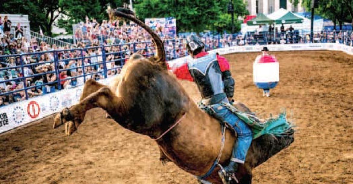 Nic Jackson is pictured here riding a bull on the Mall in Washington, DC, during the Rodeo 250 celebration in July. Courtesy photo