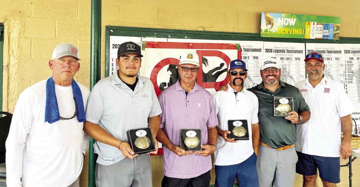 ANRS and Rodeo Exes board members Rush Carter (far left) and Aaron Cruz (far right) presented the buckles to the championship 4-person scramble team of Diego Calderon,AlonsoAdame, JeffreyAlvarado, and Billy Hinojosa. Photo courtesy of ANRS Exes