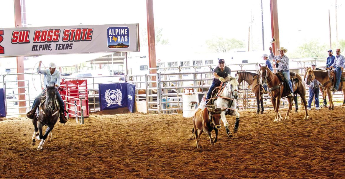 Annette Stahl and Pete Galvan leave the roping boxes last Friday morning during the 12-slide roping as part of the Sul Ross ANRS and Rodeo Exes weekend. Jeff Davis County Judge and Sul Ross alum Judge Curtis Evans was the arena judge. All proceeds from the events will go towards Rodeo and Ag scholarships, with a portion of the proceeds used to create the ANRS and Rodeo Exes Memorial Scholarship Fund, a Texas State University Endowment which will honor the Class of 1981’s Larry Byrum during its first year. 